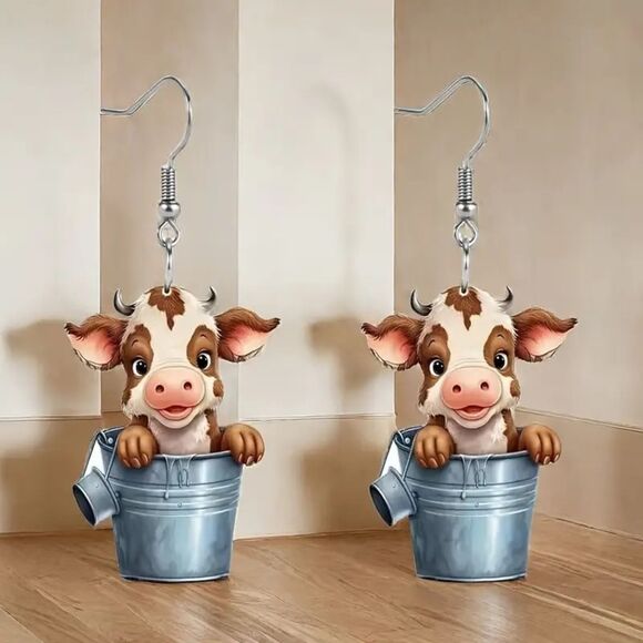 New Acrylic Cow in a Bucket Earrings, 1 pair - Picture 6 of 6